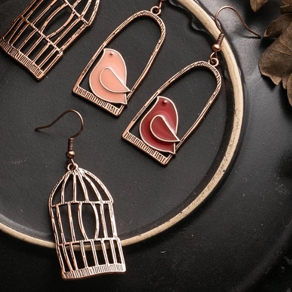 BOGO Bird & Bird Cage Asymmetrical Earrings Copper - Picture 3 of 5